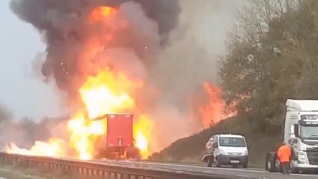 'Firework' sounds heard as lorry engulfed in flames on M1 motorway