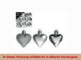 Pack von 9  5cm Silber HerzBaubles  Shiny Matte  Glitzer Design  Weihnachtsbaum