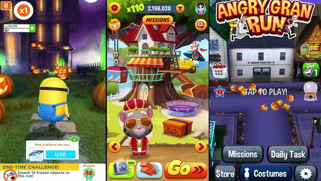 Talking Tom Gold Run Vs Angry Gran Run Vs Minion Rush Despicable Me Halloween Ultimate Run Gameplay