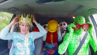 Superhero Car Dance!! The amazing green spiderman and frozen elsa Jack the pumpkin king sally, alien