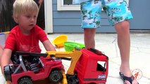 Toy Truck Videos for Children - Toy Bruder Mack Cement Mixer and MB Actros Tow Truck with Jeep