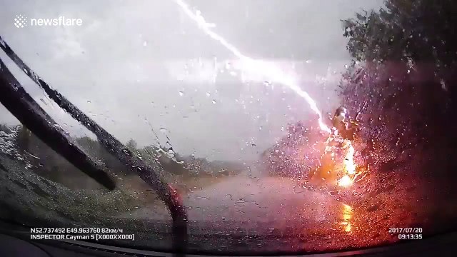 Tree struck by lightning caught on dashcam in Russia