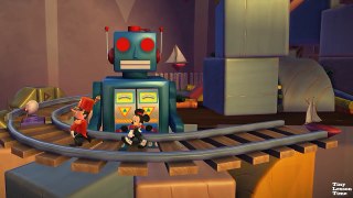 Magical Disneys Mickey Mouse in Top Hat in Giant Toy World with Clowns, Robots and Playing Cars