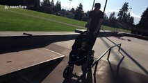 Awesome skateboarding dad does tricks while pushing son's stroller