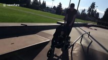 Awesome skateboarding dad does tricks while pushing son's stroller