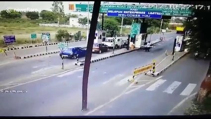 Dodging toll gate, bike riders ram into electricity pole