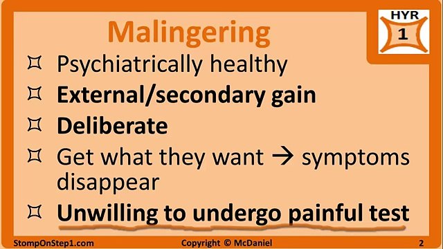 Malingering, Somatoform Disorder, Munchausen, Factitious Disorder Hypochondriac