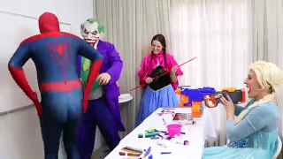 Spiderman & Joker AT SCHOOL NERF WAR vs Frozen Elsa Teacher Anna Fun Superheroes in Real Life IRL