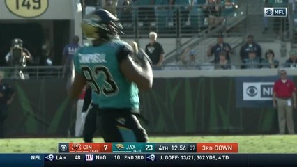 Calais Campbell launches himself at Andy Dalton for 12th sack of season