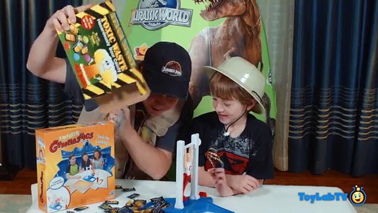 Fantastic Gymnastics Challenge w/GIANT T-REX Surprise Egg Toys Sour Candy Family Fun Games for Kids