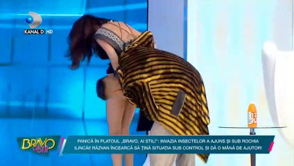 Cette animatrice en panique soulève sa jupe car elle sent une araignée grimper