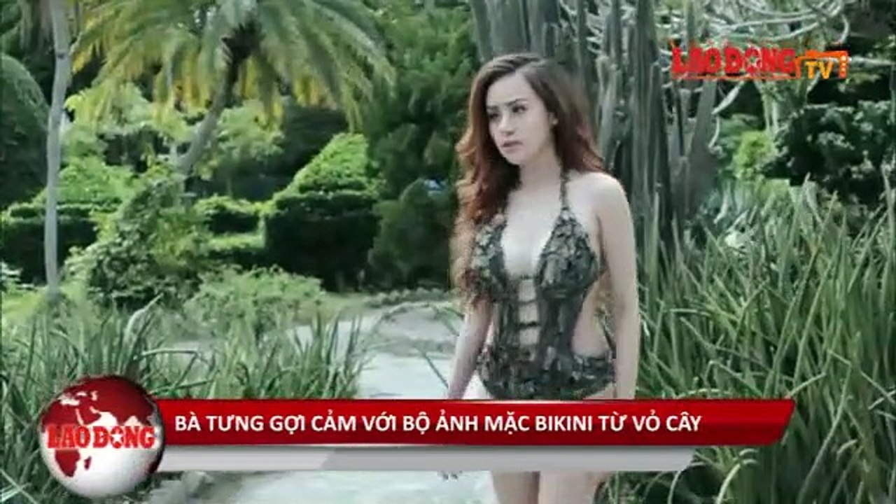 Bà Tưng đốt mắt với bikini làm từ vỏ cây