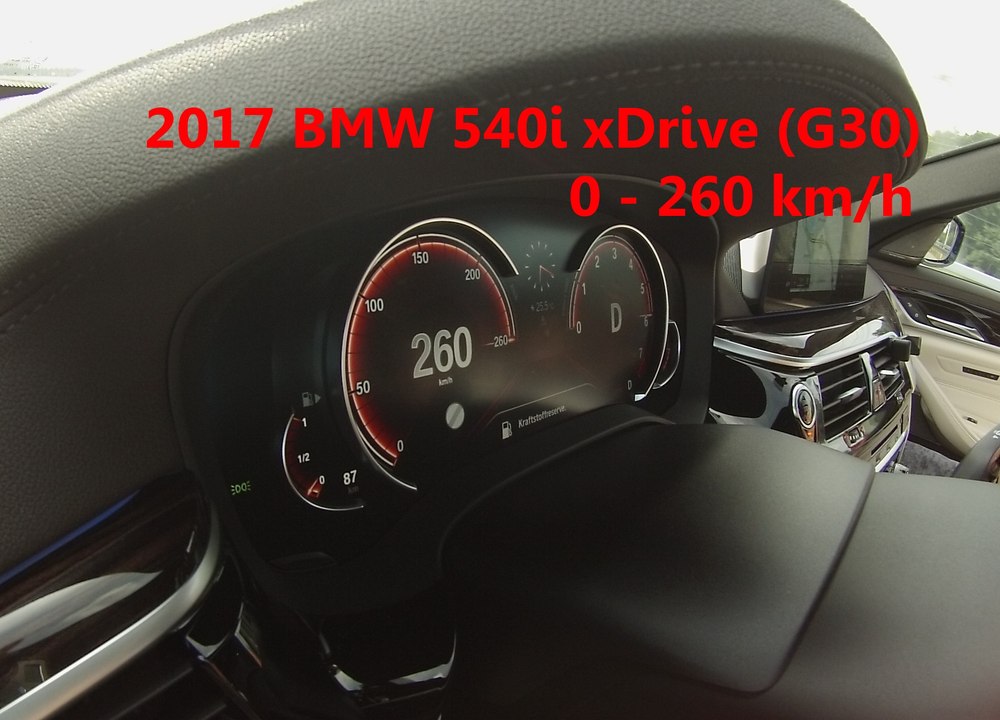 2017 BMW 5er 540i xDrive (G30) 0 - 100 km/h und weiter bis auf 260km/h Tachovideo