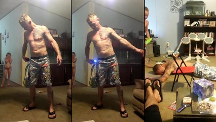 Un homme se met un coup de taser dans un salon