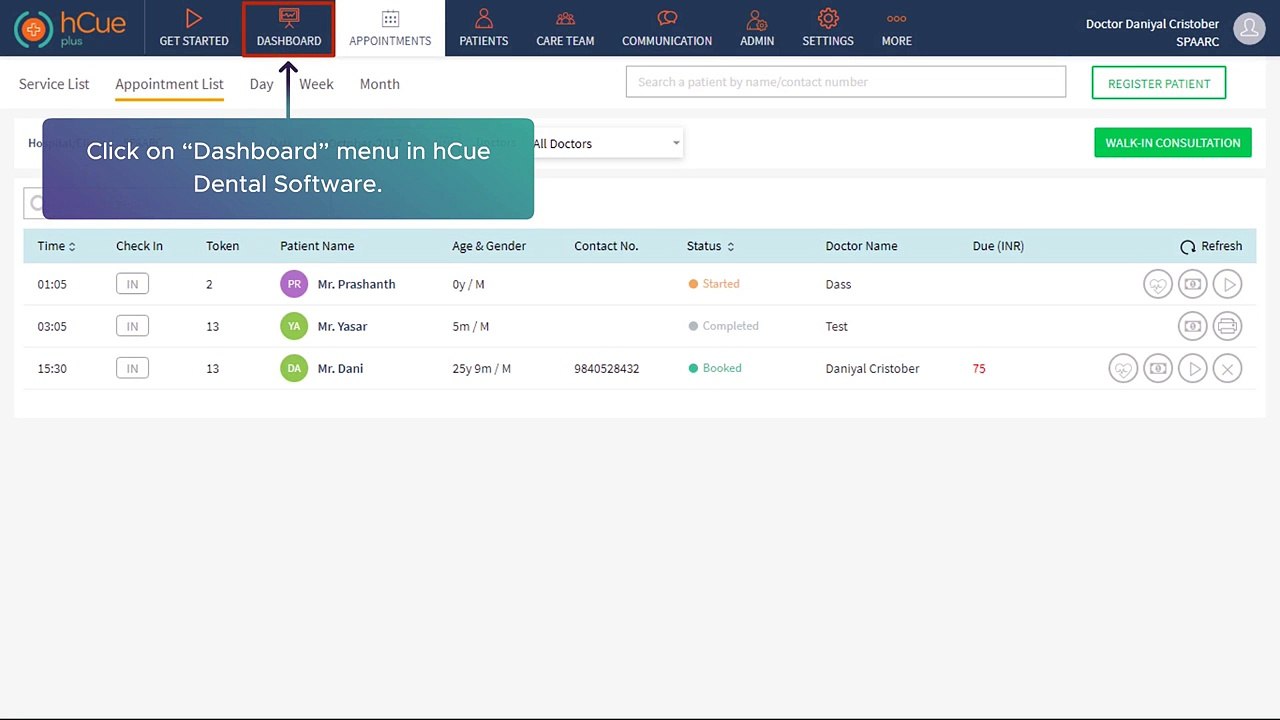 hCue Dental Software-How to view payment details of a particular doctor-staff in dashboard