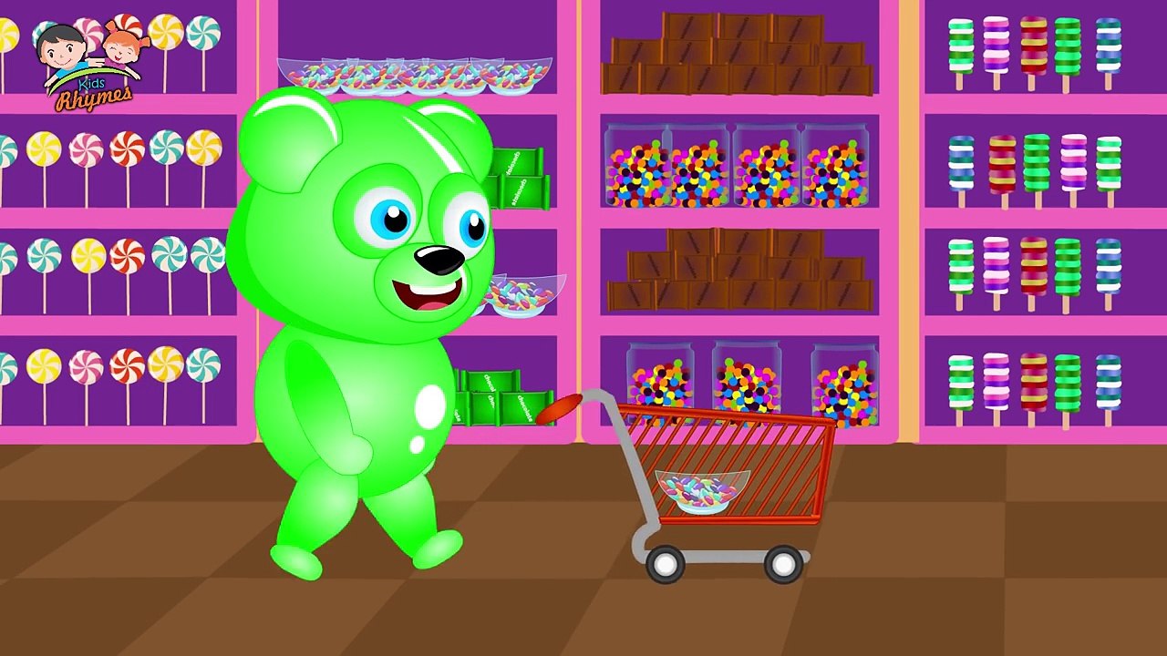 Mega Gummy Bear Missed the Bus And Goes to Candy Shop Funny Finger Family Nursery Rhyme For Kids