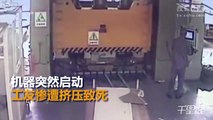 Workshop operator crushes his co-worker in a hydraulic machine