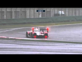 Mark Webber in the Porsche #17 takes a lap on fourth placed Audi #8 driven by Loic Duval