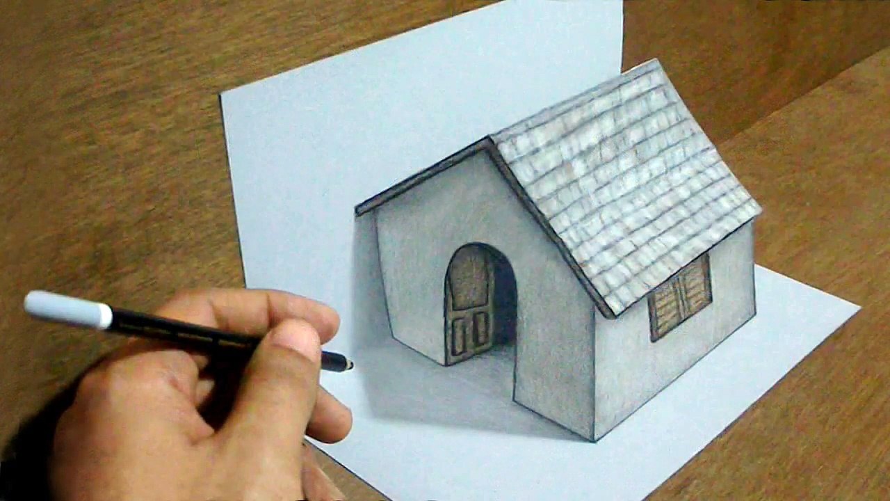 Trick Art Drawing 3D Tiny House on paper, image size:1280x720