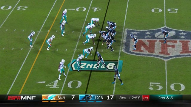 Carolina Panthers running back Jonathan Stewart hurdles defender to set up first down