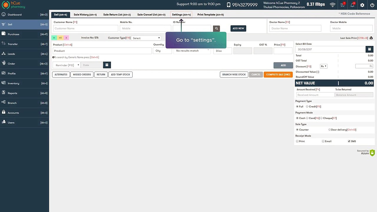 hCue Medical Store Software- How to enable sales cancel option in settings