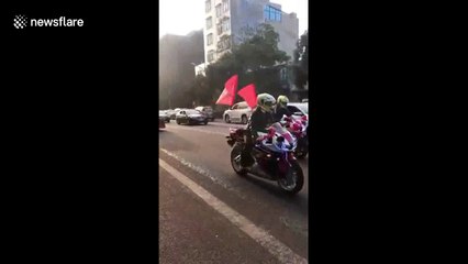 Six-year-old boy drives couple to their wedding by forklift
