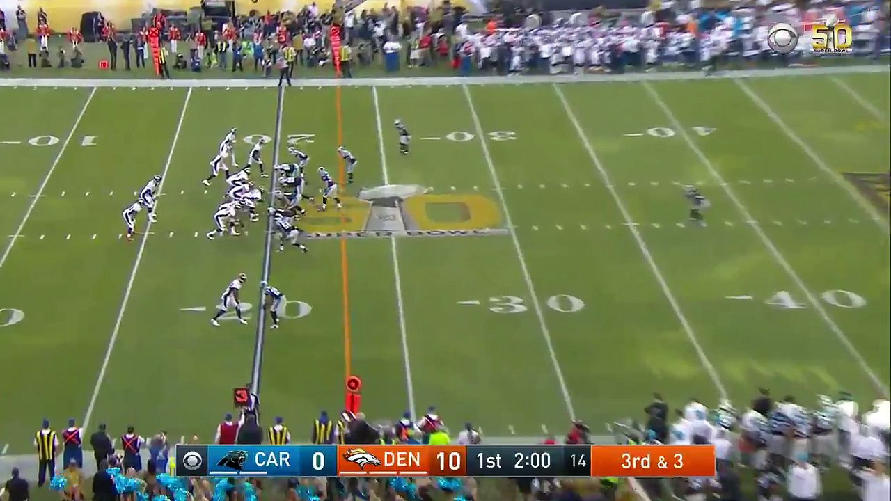 2015 - Peyton Manning sacked by Luke Kuechly for a nine yard loss in Super Bowl 50