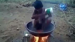 Funny Indian Boy Bath in Fire