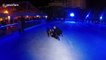 Lizzie Cundy falls over at Tower of London ice rink