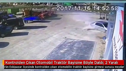 Kontrolden Çıkan Otomobil Traktör Bayisine Böyle Daldı: 2 Yaralı