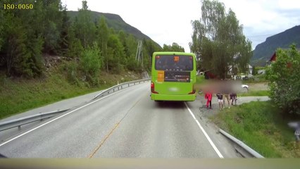 Kid Barely Avoids Getting Run Over by Trailer in Norway