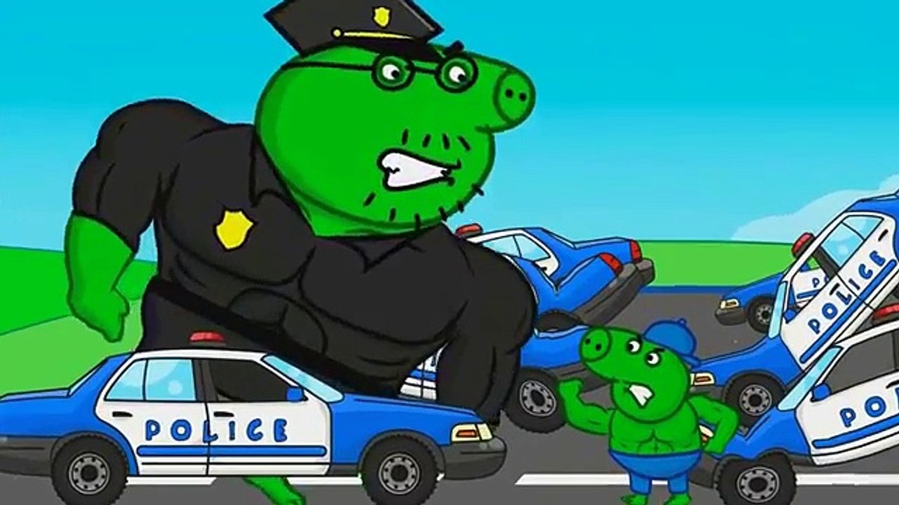 Peppa on motorcycle Bank Robbery with police chase. Monster Trucks and Vehicles for kids