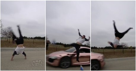 Jovem falha redondamente ao saltar sobre Audi R8 a alta velocidade... WTF!