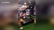 US soccer coach demonstrates amazing dribbling skills on treadmill
