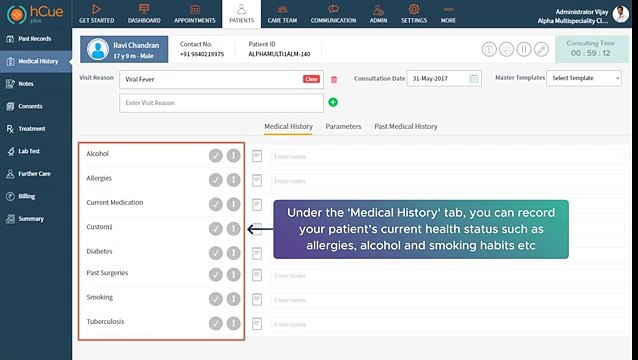 hCue Practice Management Software : How to view and change the medical history?