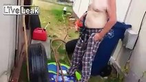 Drunk shirtless trespasser gets sprayed by homeowner...