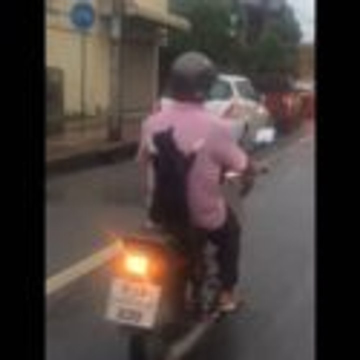 バイクに乗る飼い主の背中につかまってツーリングする猫！w