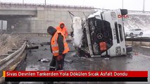 Sivas Devrilen Tankerden Yola Dökülen Sıcak Asfalt Dondu