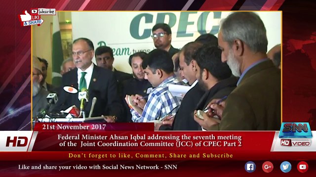 Federal Minister Ahsan Iqbal addressing the seventh meeting of the Joint Coordination Committee (JCC) of CPEC Part 2