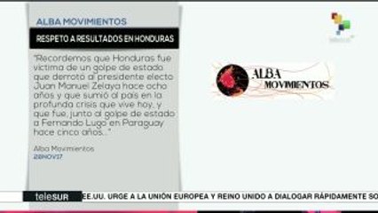 ALBA Movimientos exige respeto a resultados electorales en Honduras