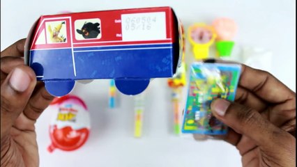 Kinder Joy and other toy candy opening with nursery rhyme wheels on the bus