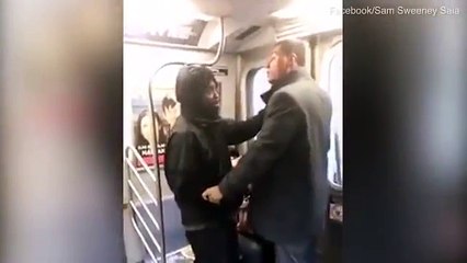 Hero forces man off subway after punching woman in the face