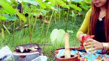 Village Food Victory - Beautiful Girl Grill Fish Near Lotus Farm