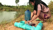 Creative Girl Make Plastic Fish Trap Using PVC And Plastic Bottle To Catch A Lot of Fish