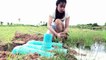 Creative Girl Using 3 Deep Holes Fishing Trap Made by PVC Plastic Pipes Catch Fish