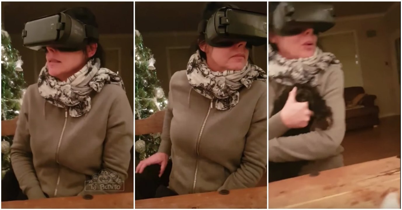 Toda a gente ri da forma como esta mulher agarrou o seu cão ao testar a realidade virtual