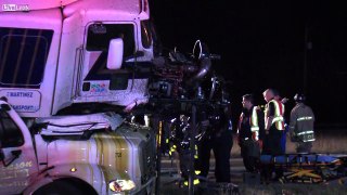 1 dead after 18-wheeler runs over tow truck.