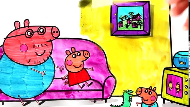 Свинка Пеппа папа Свин и Джордж смотрят телевизор Раскраска с цветными маркерами и красками