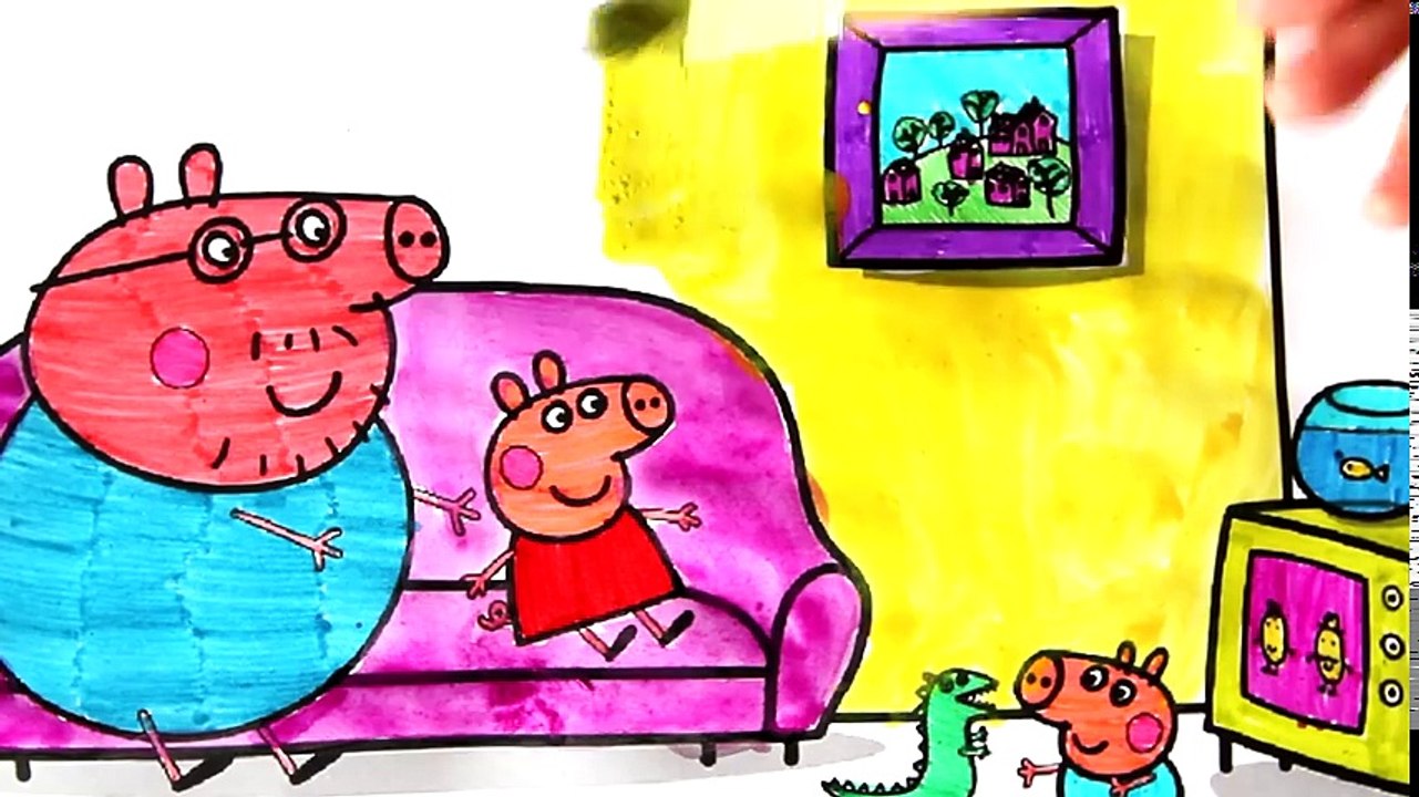Свинка Пеппа папа Свин и Джордж смотрят телевизор Раскраска с цветными маркерами и красками