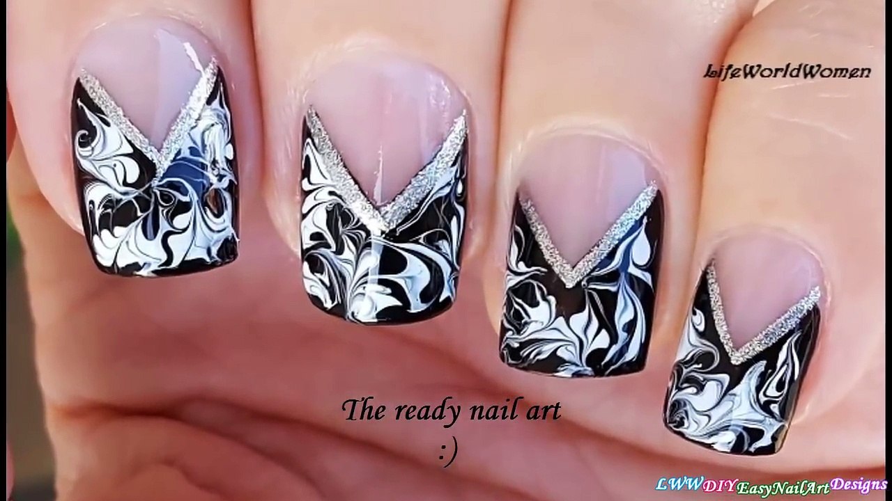 TAPE & NEEDLE NAIL ART - Black & White Dry Marble Chevron Nails-ngmv8r1IszM